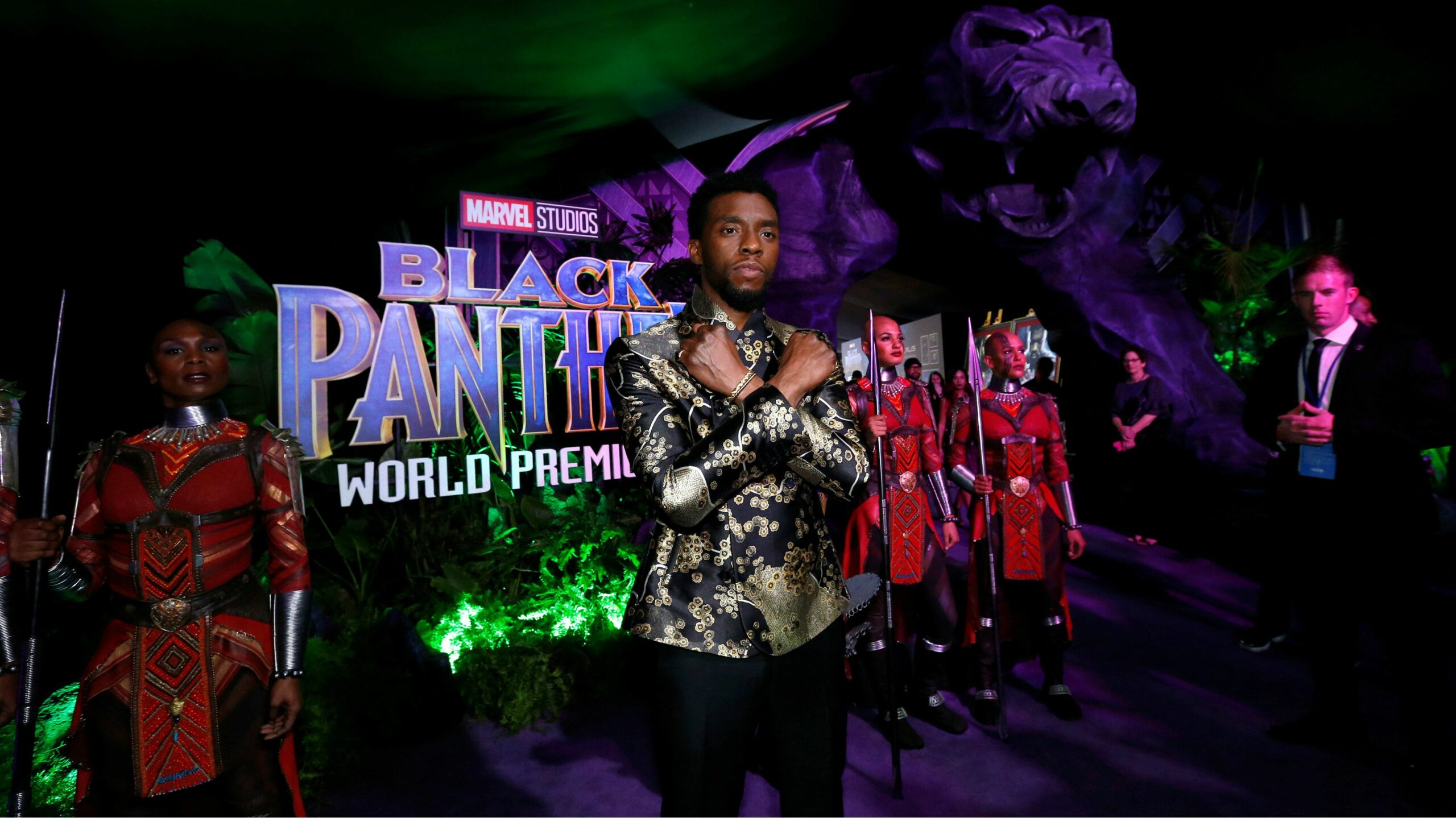 Cast member Chadwick Boseman poses at the premiere of Black Panther in Los Angeles