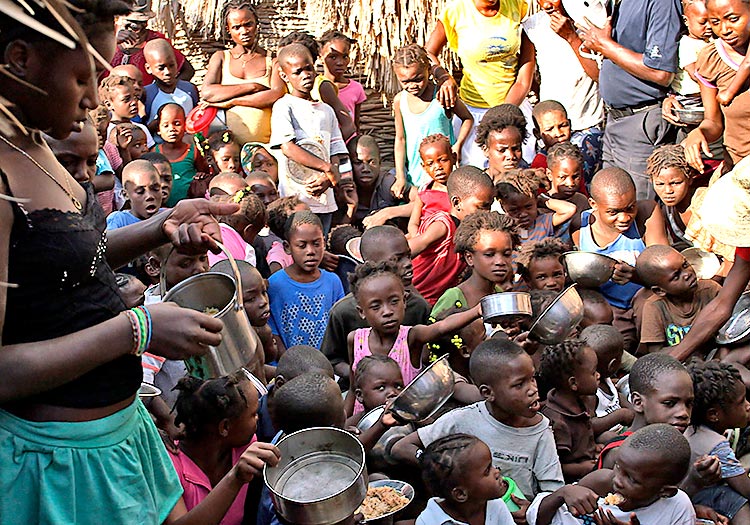 Crowd of kids waiting for food